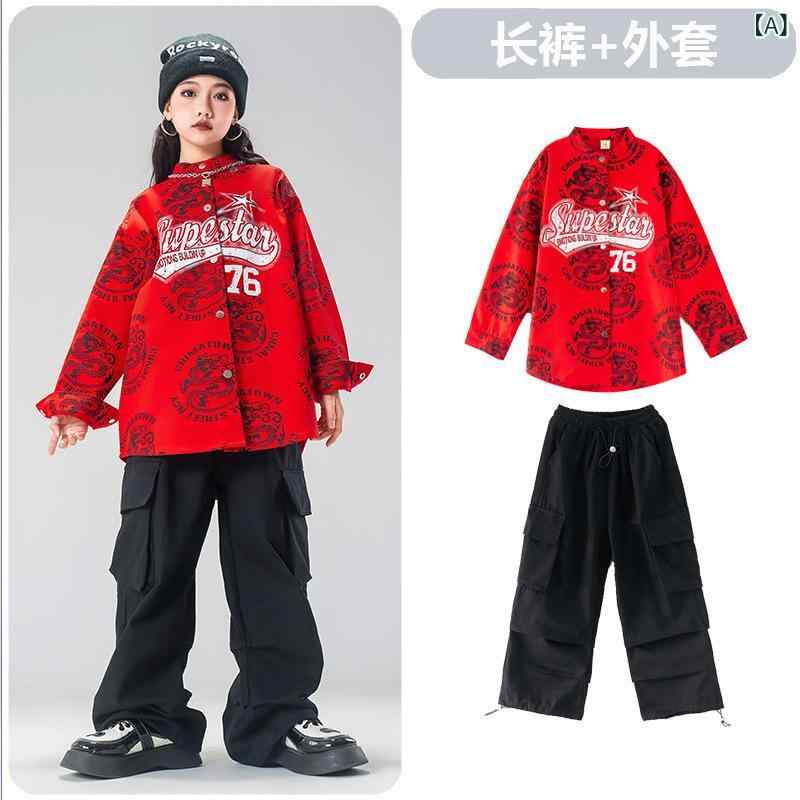 ダンスウェア キッズ 男の子 女の子 男女兼用 ジュニア ストリート ヒップホップ 発表会衣装 練習着 セットアップ ロングスリーブ レッド ドラゴン柄 シャツ トップス ブラック ワークパンツ 綿 コットン クール