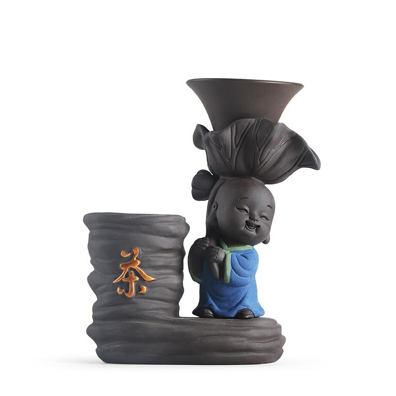 茶器 紫砂 小僧 茶漉し器 フィルター 茶葉濾過 茶漉し置き 茶道具 六君子セット 置物 飾り 中華風 黒檀木 ブラウン 来客用 普段使い 手作り 工芸品 高級感画像