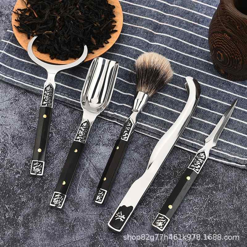 茶道六君子 中国茶器仕掛ける ステンレス鋼製 龍紋 まっ黒木柄 茶挟み 火箸 茶針 茶通し 茶葉取り 茶器お取りつくろう 功夫茶道具 佩び物 本格的 中華風 錆びにくい 耐久性