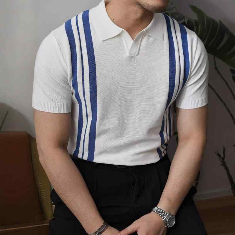Tシャツ メンズ 男性用 高級感 Vネック スリムフィット ストレッチ 伸縮性 半袖 ポロカラー ストライプ 接触冷感 ポリエステル カジュアル 夏 夏用 透気性 シワになりにくい