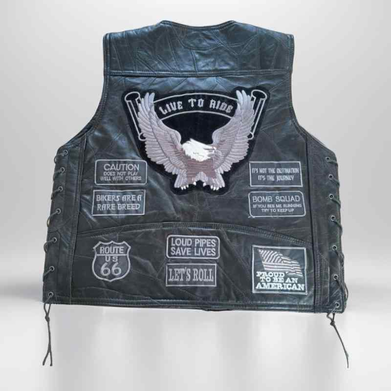 ベスト メンズ 本革 羊革 ラムレザー バイク ライダース ジレ 欧米クラシック Vネック シングルボタン 刺繍エンブレム シルバーグレー オールシーズン ストリート カジュアル 男性用