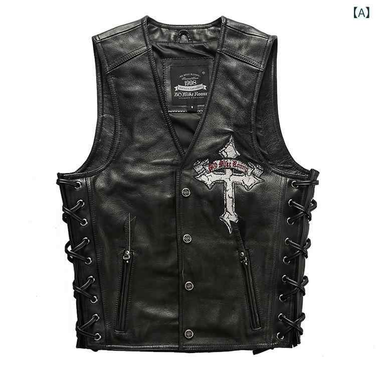 レザーベスト メンズ 本革 Vネック 牛革 カウレザー スカル 刺繍 バイカーベスト ジレ 男性用 バイクスタイル ロック系 スリムフィット ジップアップ カジュアル ブラック