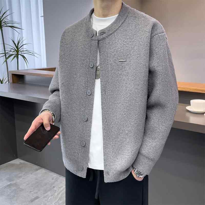 ニット メンズ 高級感 ベースボールカラー スタンドカラー 襟付き カーディガン セーター ジャケット アクリル混紡 ゆったり リラックス ルーズフィット オーバーサイズ イージーケア カジュアルスタイル 普段使い お出かけ ブラック グレー