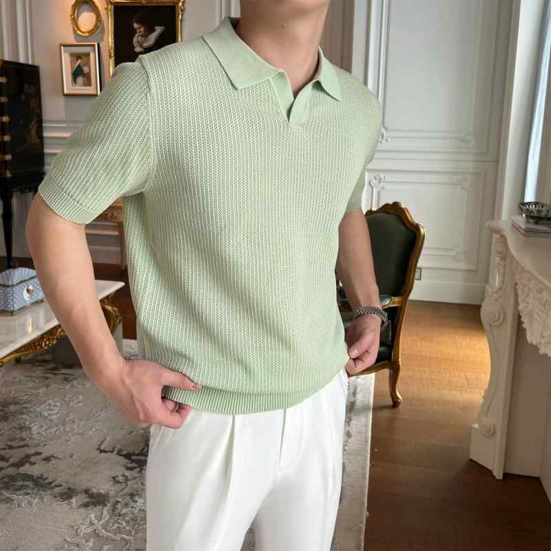 ニット メンズ 男性用 セーター プルオーバー 接触冷感 半袖 ポロ襟 グリッド柄 薄手 スリムフィット トップス 日常使い カジュアル グリーン グレー ホワイト ポリエステル