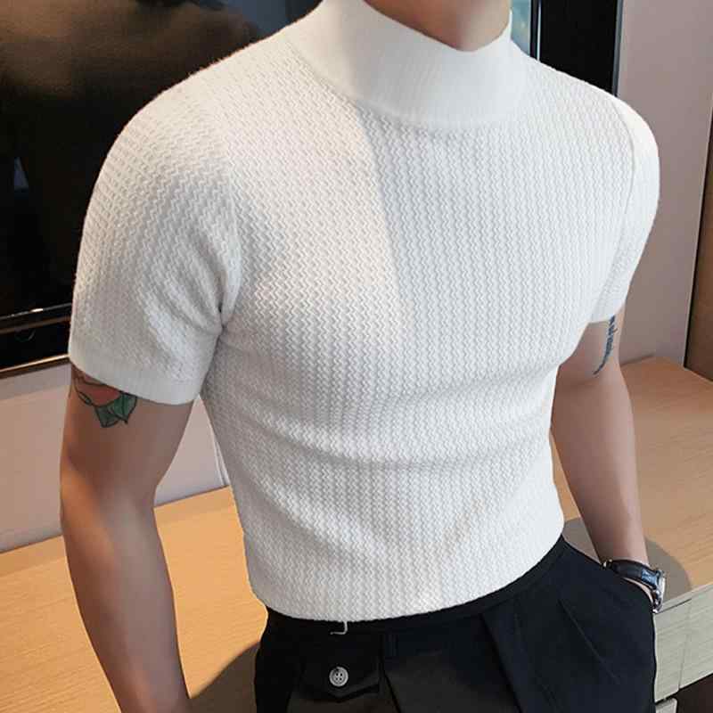 Tシャツ メンズ 半袖 モックネック 無地 スリムフィット 細身 シンプル カジュアル ファッション ポリエステル 高弾性 ストレッチ 薄手 クリンクル加工 トップス カットソー