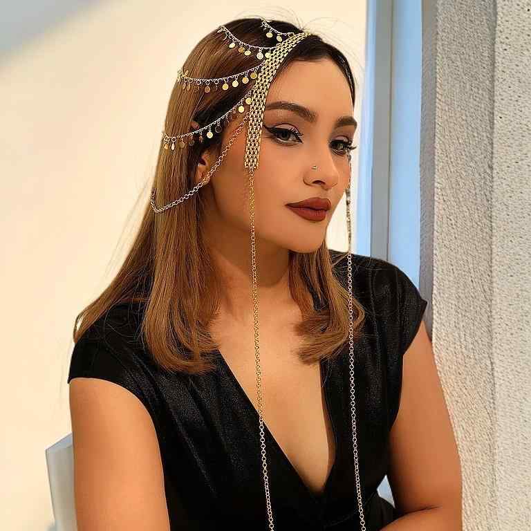 ヘアアクセサリー レディース バックカチューシャ 欧米風 エスニック調 レトロ 多層デザイン ロングタイプ メタル製 ゴールドカラー タッセル 鈴 電鍍加工 おしゃれ