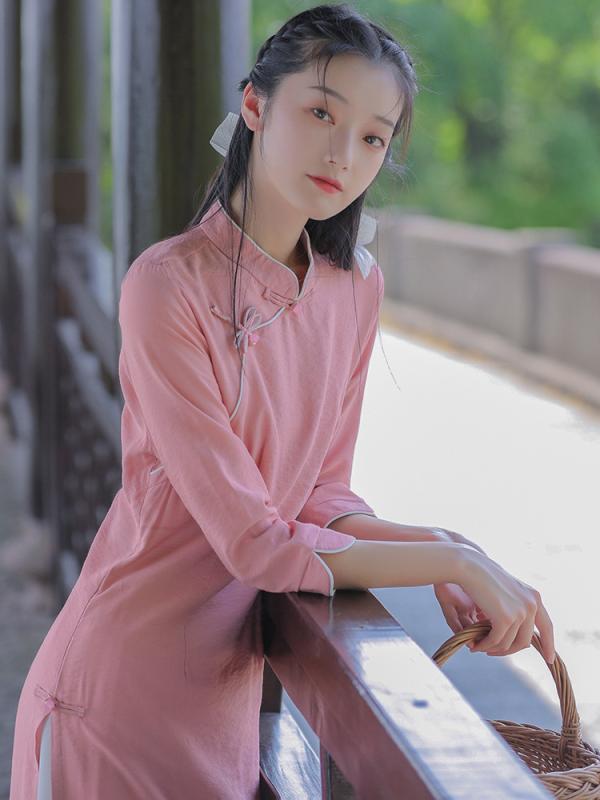 チャイナ服 レディース 改良型 禅意風 レトロ 和風 茶服 ワンピース セットアップ 竹繊維 麻混 茶道 普段使い ピンク ホワイト