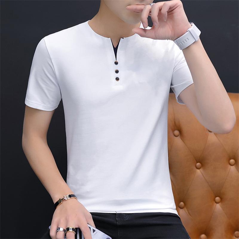 Tシャツ メンズ 男性用 Vネック ボタン付き 半袖 スリムフィット 細身 韓国風 トレンド ファッション 綿混 コットンブレンド 薄手 軽量 通気性 吸湿速乾 接触冷感 シワになりにくい 普段使い デイリーユース 白 黒 グレー