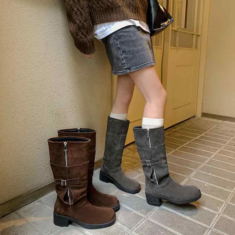 乗り尻ブーツ レディース ウエスタンブーツ 牛飼いブーツ レトロブリティッシュスタイル 高筒 ロング丈 引っ切り無い 太踵 スエードクロス サイドジップ 秋冬