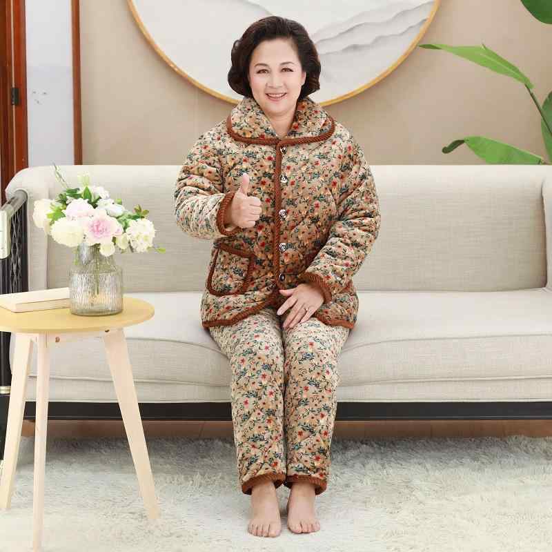 パジャマ レディース 冬用 三層構造 厚手 保温 フランネル サンゴフリース 中綿入り 裏フリース 上下セット ルームウェア 襟付き 長袖 長ズボン 大きいサイズ 中高年 ミセス シニア 母 祖母 部屋着