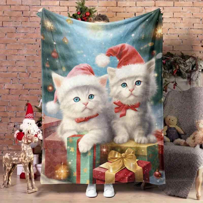 毛布 ブランケット クリスマスデザイン 子猫 猫 ねこ フランネル生地 柔らかい ふわふわ 肌触り良い ポリエステル オールシーズン ソファ ベッドルーム リビング 装飾