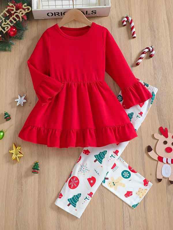 キッズ 女の子 上下セット 中大童 ジュニア クリスマス 赤色 ラウンドネック フレアスリーブ 裾フリル プリント柄 ロングパンツ 長ズボン ポリエステル ソフトタッチ 秋冬 2点セット カジュアル