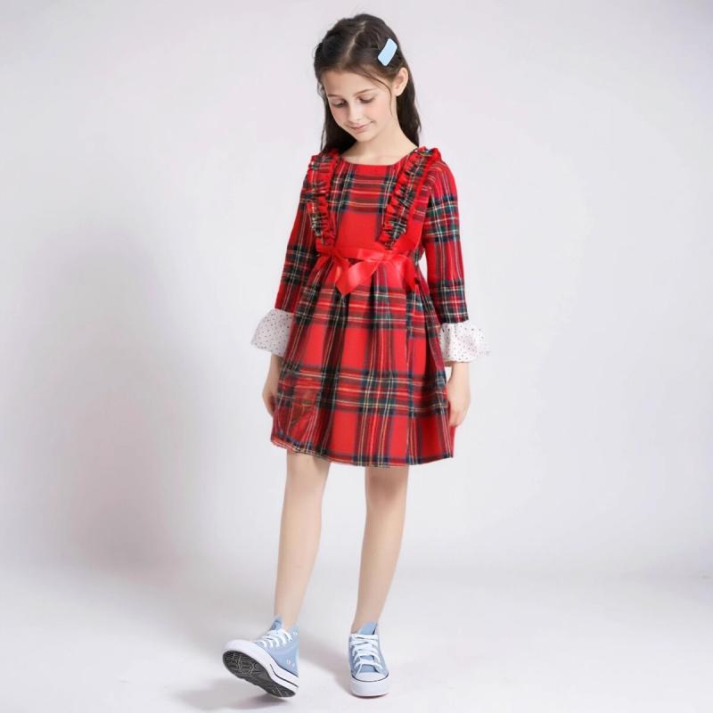 ワンピース 子供 女の子 キッズ ガールズ クリスマス プリンセスドレス リボン チェック柄 長袖 秋冬 綿 コットン Aライン ふんわり かわいい お出かけ 普段使い 発表会 フォーマル トレンド
