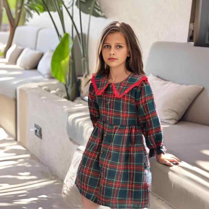ワンピース 女の子 女児 キッズ ガールズ 秋冬 クリスマス 英国風 ブリティッシュ チェック柄 格子柄 プリンセス 長袖 コットン ドレス お出かけ パーティー フォーマル かわいい 上品 Aライン フレア