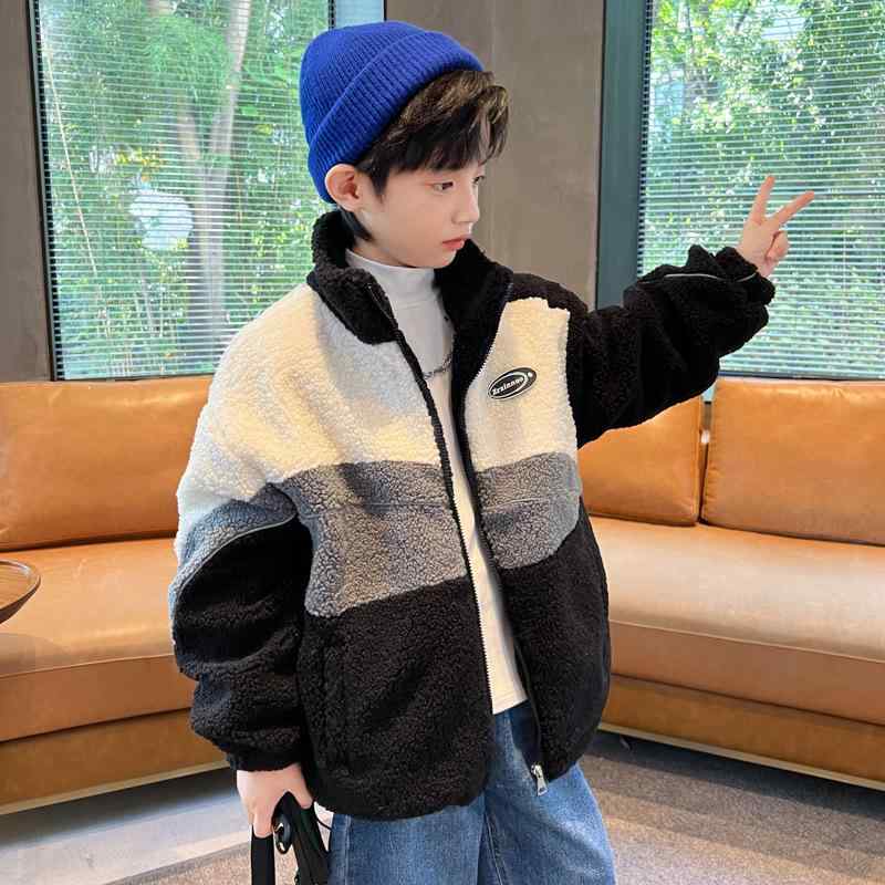 アウター 男の子 キッズ ジュニア 冬物 韓国風 リフレクター 配色 ボア フリース 裏起毛 厚手 暖かい 防寒 ウインドブレーカー ポリエステル 綿素材 黒 紺