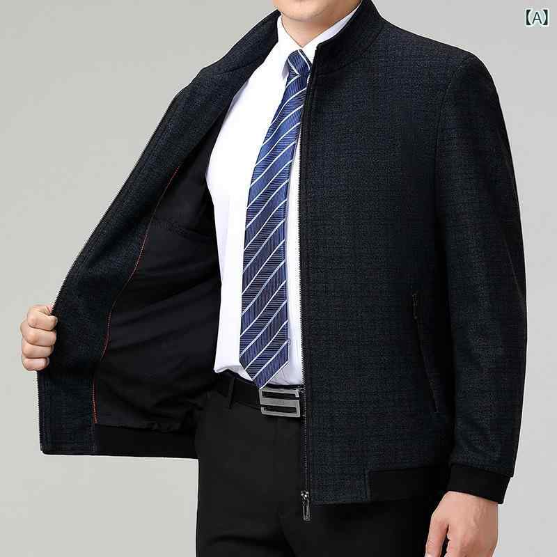 ジャケット メンズ 中高年 男性用 スタンドカラー チェック柄 ビジネス カジュアル 通勤 普段使い ウール 羊毛混 ポリエステル アウター 長袖 防風 透湿 耐摩耗性 春秋冬 上着 - 商品メイン画像