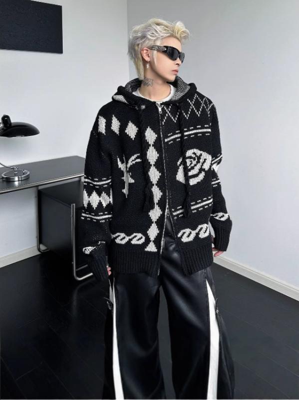 ジレー メンズ ボンネット付き添い人 編み物 金剛石柄 ゆったり 厚地の外套大きさ 伸び伸びする感 秋冬 長袖 アウター 韓国風 流行り物 ポリエステル 通気性 吸湿速乾 洗い濯ぎ機可 心地好い