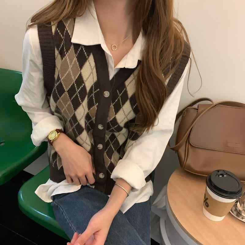 ニット ベスト レディース Vネック 菱形柄 ダイヤ柄 ゆったり オーバーサイズ 秋 レトロ 韓国風 きれいめ 通勤 オフィス カジュアル ポリエステル レーヨン 中厚手 前開き 重ね着 ストレートシルエット トップス