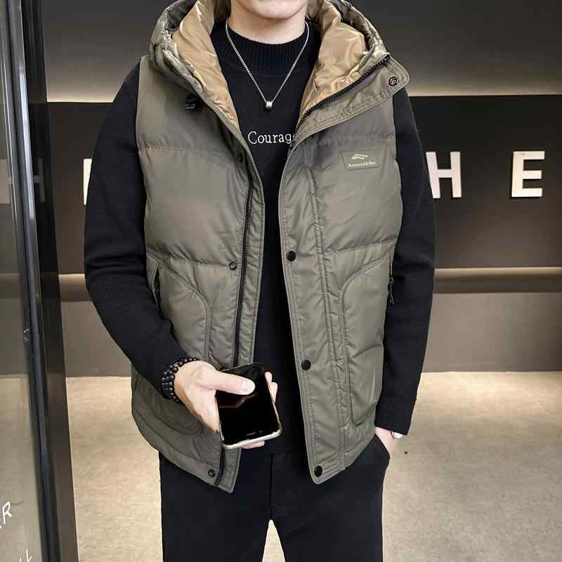 ダウンベスト メンズ 高級感 フード付き 秋冬 保温 真冬 防寒 ダウン ポリエステル カジュアル タウンユース 重ね着スタイル レギュラーフィット ジップアップ アウター アイボリー グリーン ブラック