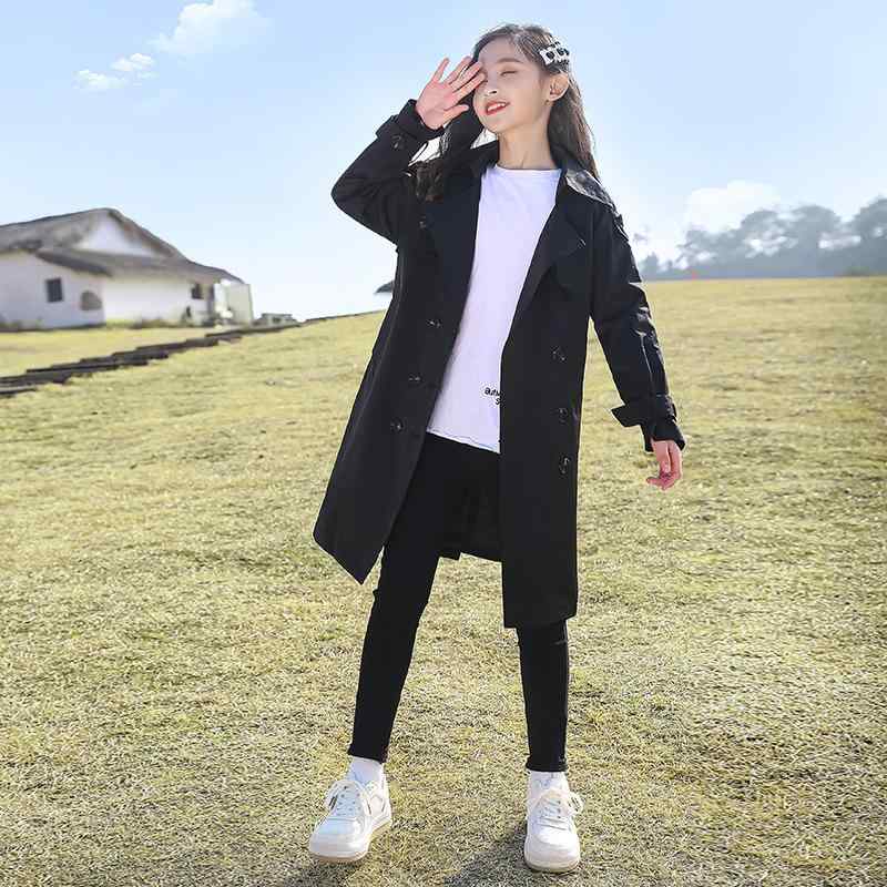 コート 女の子 キッズ ジュニア 春物 カジュアル ミドル丈 トレンチコート ダブルボタン 長袖 襟付き ベルト付き 綿混 ポリエステル カーキ 黒