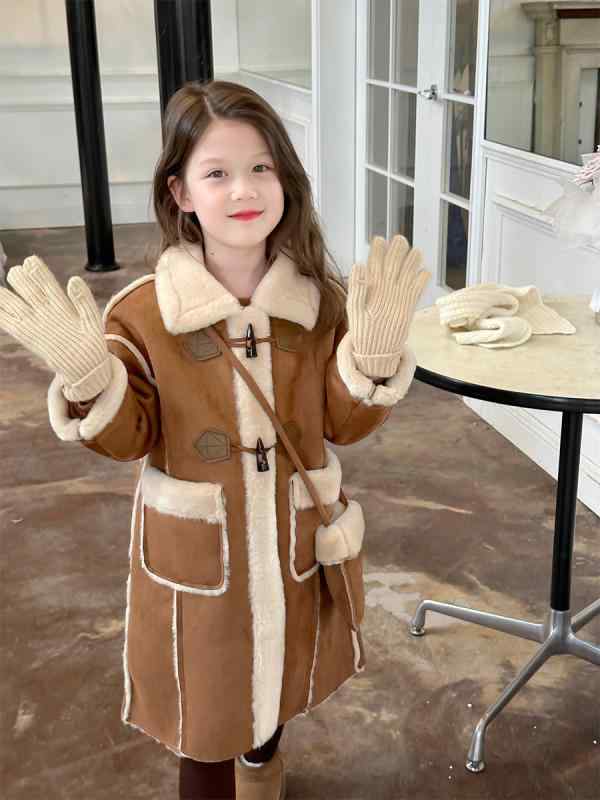 厚地の外套 お嬢さん 冬服 朦々たる 裏起毛 毛革襟 ロング丈 ダッフルボタン スエードクロス調 起毛工業 ポリエステル もの柔らかな手当たり 心地よい 流行り物 流行り 愛くるしい 赤銅色系 お坊っちゃん 中学生 小学生