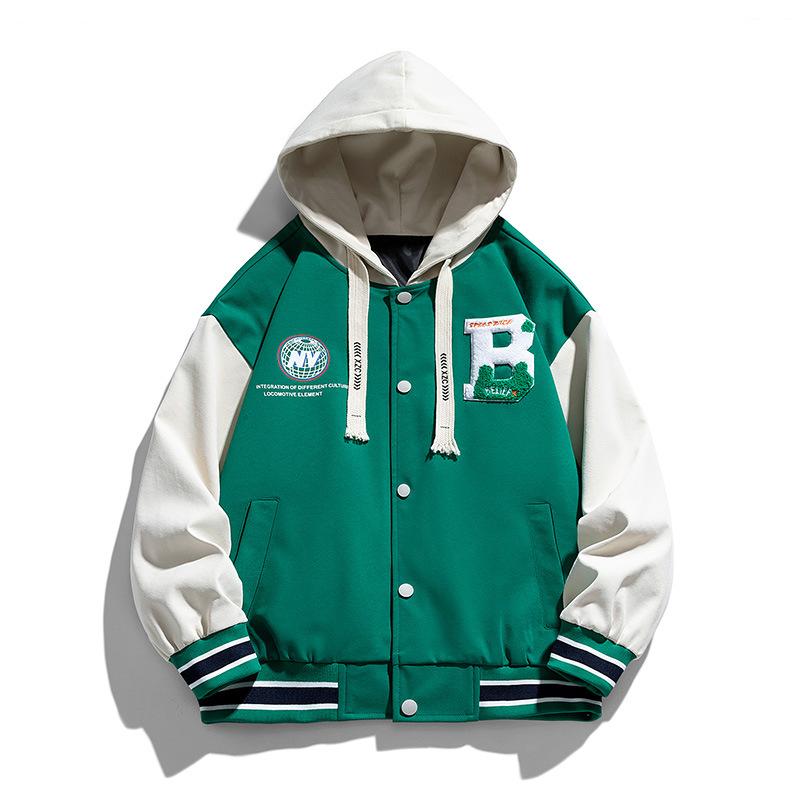 ジャケット メンズ フード付き ベースボールジャケット スタジャン ゆったり ルーズフィット オーバーサイズ 前開き 薄手 ポリエステル混紡 カジュアル ストリート スポーツ 学生 秋 ライトアウター｜Grams店