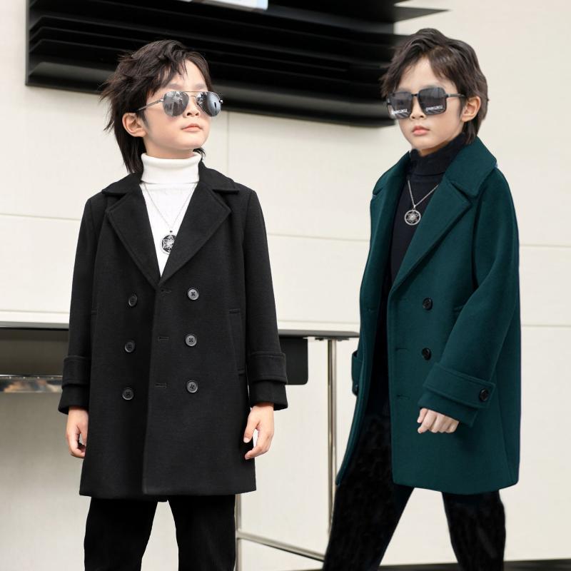 キッズ 男の子 ダブルブレスト 襟付き ウールコート 厚手 防寒 ミドル丈 カジュアル フォーマル 通学 通園 アウター ブラック ダークグリーン カーキ 冬 秋