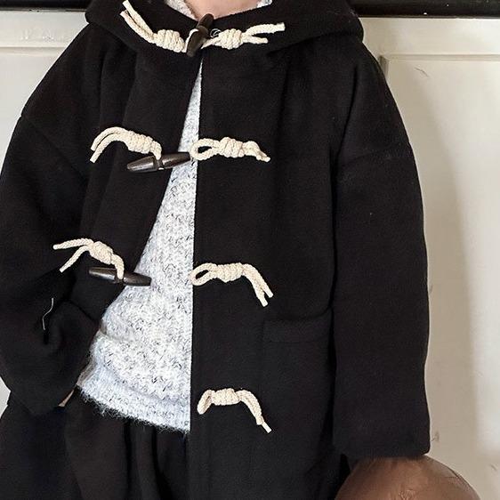 子供服 アウター キッズ 男の子 女の子 秋冬 通学 普段使い カジュアル 韓国風 ミドル丈 トグルボタン フード付き 中綿入り 厚手 暖かい 防寒 メルトン調 ウールタッチ コート