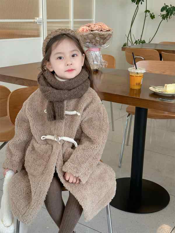 厚地の外套 キッズ お嬢さん ダッフルボタン 真っただ中丈 アウター もこもこ ボア上衣 韓国風 心地よい 冬物 朦々たる 生あたたかい 防寒着 ポリエステル カフェオレ色