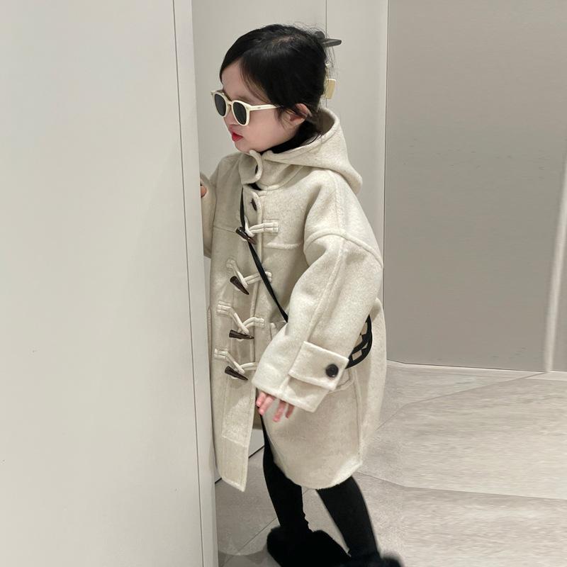コート 女の子 キッズ フード付き ダッフルボタン ミドル丈 ロング丈 ウール メルトン ダブルフェイス コットン 綿 秋冬 冬 防寒 厚手 かわいい アウター ベージュ キャメル