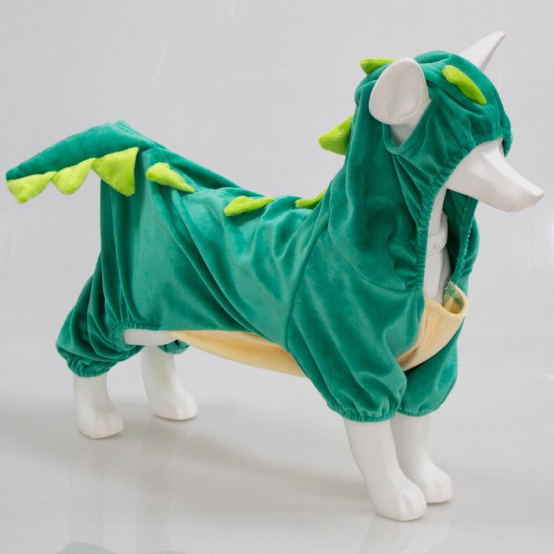 犬服 小型犬 中型犬 ハロウィン 仮装 恐竜 変身 コスチューム もこもこ フリース 伸縮性 四脚つなぎ 暖かい オールインワン グリーン ピンク