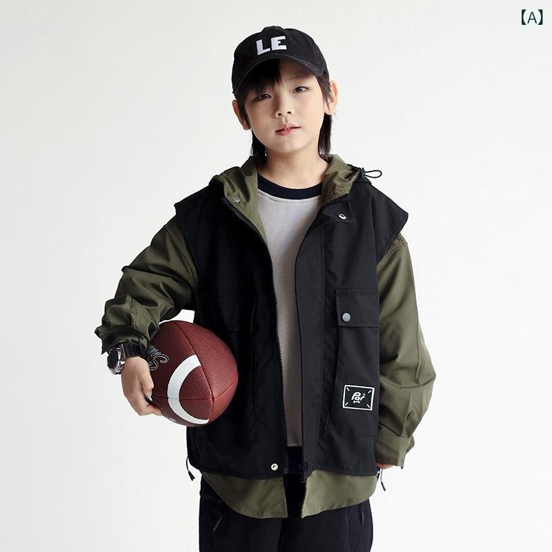 ジャケット キッズ 男の子 秋物 フード付き フェイクレイヤード シャツ 重ね着風 韓国カジュアル ストリート系 ジップアップ 長袖 ロゴプリント ポリエステル ナイロン アウター 通学 普段使い おしゃれ ミドル丈