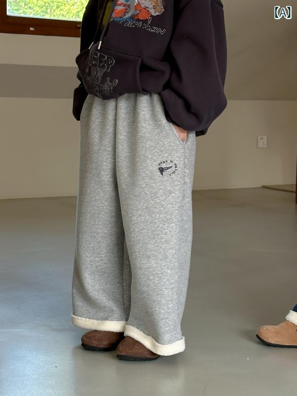 キッズパンツ 男女兼用 韓国風 ゆったり ワイドパンツ 綿混 裏起毛 フェイクファー切り替え 無地 カジュアル 暖か 冬物 ロングパンツ 3歳 4歳 5歳 6歳 7歳 8歳