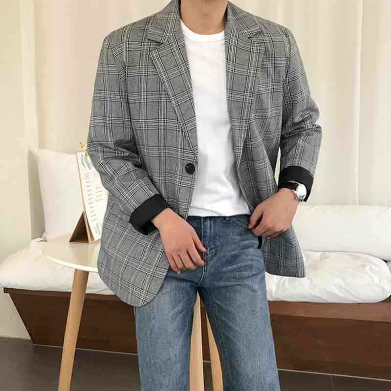 テーラードジャケット メンズ 春秋 グレンチェック 韓国系 クールカジュアル ゆったり オーバーサイズ ピークドラペル シングルボタン 着回し抜群 グレー系｜Grams店