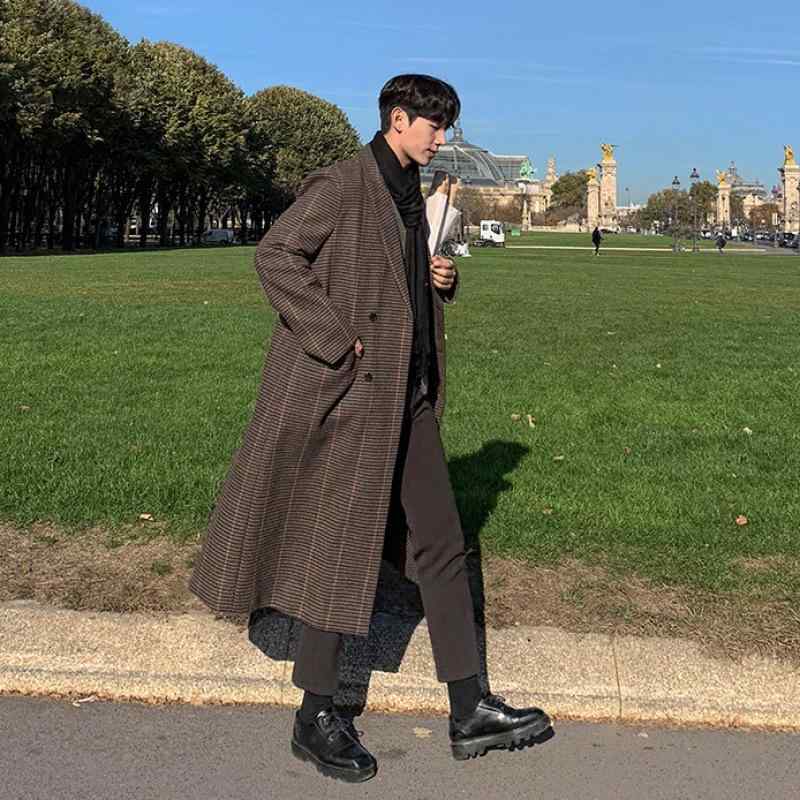 コート メンズ 男性用 チェック柄 ポリエステル メルトン ロング丈 膝下丈 ゆったり ビッグシルエット オーバーサイズ 厚手 防寒 保温 ダブルボタン テーラードカラー 韓国ファッション 秋冬 冬物 カジュアル フォーマル