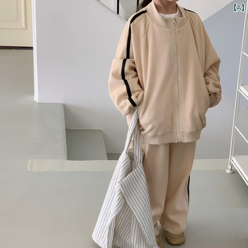 子供服 男女兼用 キッズ セットアップ 上下セット ワッフル生地 ジップアップ 長袖 長ズボン ゆったり ルーズ カジュアル 韓国風 コットン 2点セット 普段着 部屋着 お出かけ アプリコット ベージュ系 ネイビー 紺