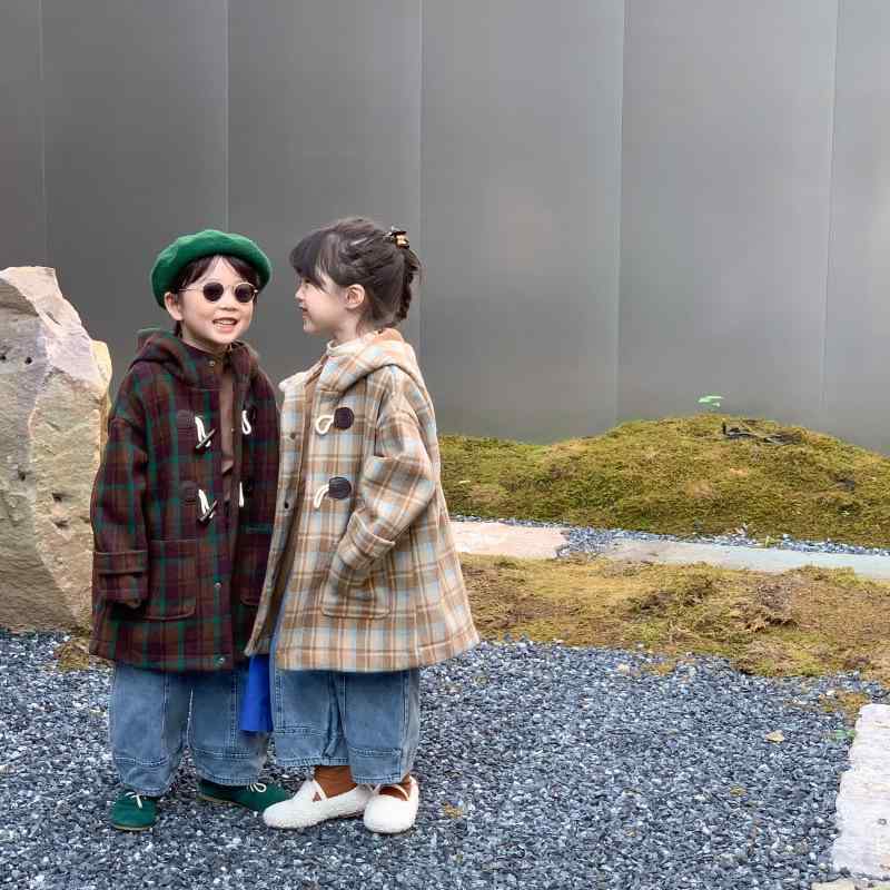キッズ お坊っちゃん お嬢さん 厚地の外套 上衣 アウター 羊毛調 メルトン風 照合のしるし柄 裏起毛 あったか 防寒 韓国風 心地よい 真っただ中丈 二分の一丈 ボンネット付き添い人 長袖 手当たり坦々たる