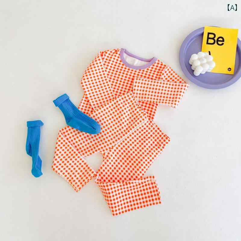 キッズ 男の子 女の子 インナーウェア 肌着 パジャマ ルームウェア 上下セット 2点セット 秋冬用 綿 保温 柔らかい 肌触り 丸首 格子柄 花柄