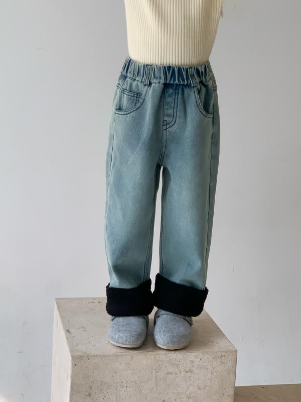 キッズ 女の子 デニムパンツ ジーンズ 韓国風 ボア パッチワーク ストレート 裏起毛 厚手 綿 コットン ロングパンツ 暖かい 防寒 普段使い お出かけ カジュアル かわいい ブラック