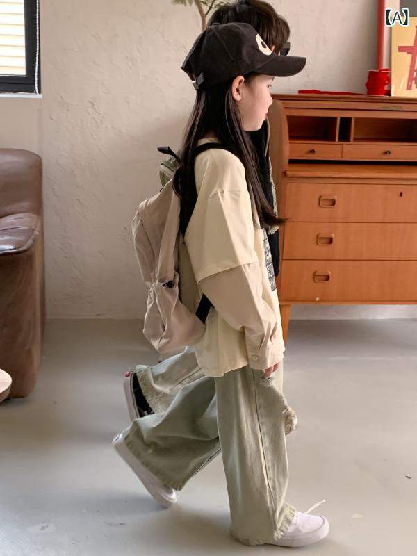 Tシャツ キッズ 男の子 女の子 韓国風 ラウンドネック 英字プリント ロゴ 長袖 フェイクレイヤード 重ね着風 切り替え コットン 綿素材 ソフトタッチ ユニセックス 白 黒
