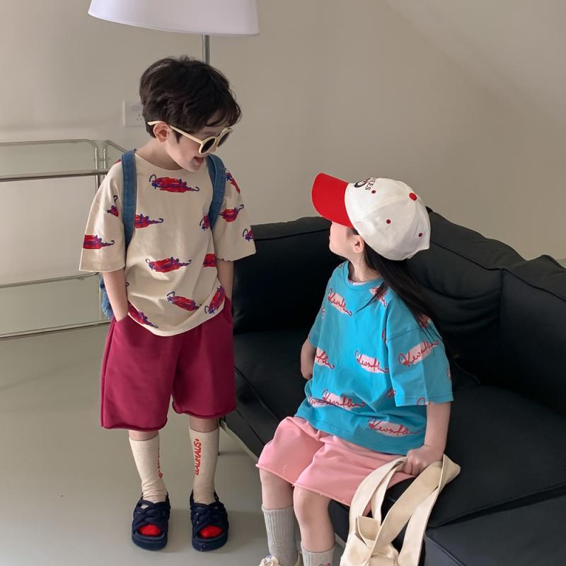 Tシャツ キッズ 男の子 女の子 トップス コットン 綿 カジュアル ゆるT ゆるめ ゆったり 韓国ファッション グラフィックロゴ プリント 半袖 クルーネック 丸首 吸湿速乾 柔らかい 普段着 部屋着 通園 通学
