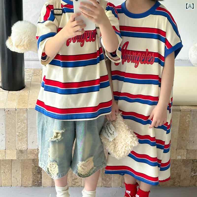Tシャツ ワンピース キッズ 男の子 女の子 韓国風 カラフル ストライプ 半袖 トップス ラウンドネック 丸首 ミドル丈 ロング丈 ゆったり オーバーサイズ スウェット チュニック ワンピ 綿 コットン 吸湿速乾 柔らかい 普段使い 通学 レッド ブル
