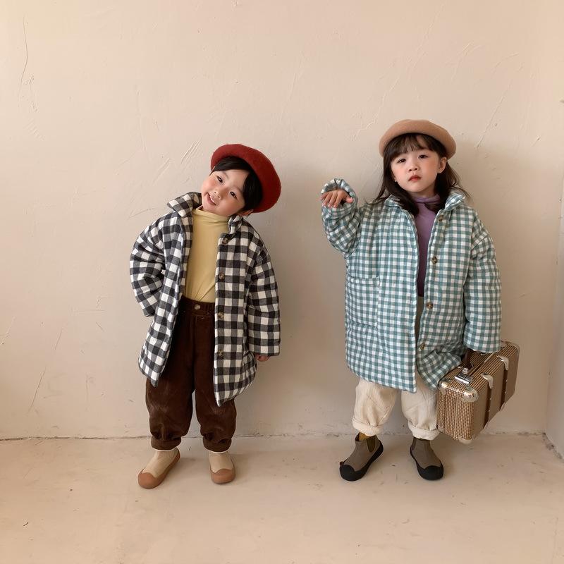 中綿コート キッズ 男の子 女の子 ミドル丈 チェック柄 綿混素材 保温 防寒 厚手 ハイネック シングルボタン かわいい トレンド カジュアル 通園 通学 普段使い