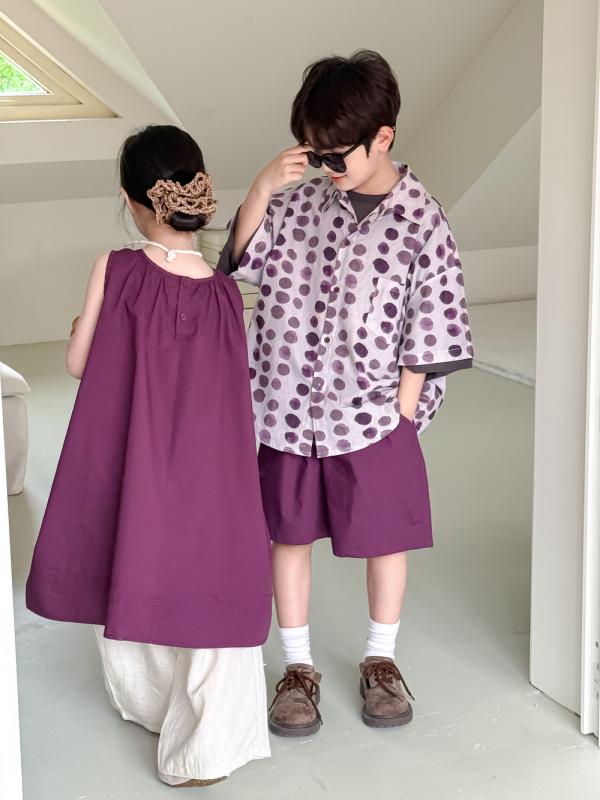 キッズ 男女兼用 韓国子供服 半袖 シャツ ショートパンツ 2点セット セットアップ キャミソールワンピース 綿 薄手 柔らか 無地 ドット柄 パープル 夏 兄弟 姉妹 お揃い 普段使い 3歳 8歳