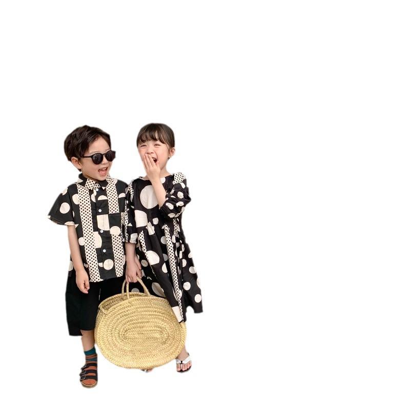 子供服 キッズ 男女兼用 韓国風 半袖 シャツ ワンピース アシンメトリー プリンセスドレス 兄妹お揃い 綿 コットン 柔らかい かわいい ブラック ドット柄 夏物