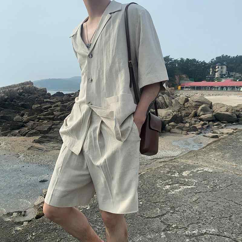 シャツ メンズ 半袖 七分袖 綿麻 リネン 麻素材 セットアップ 上下セット ゆったり ルーズ 薄手 通気性 無地 カーキ 大人カジュアル 普段使い