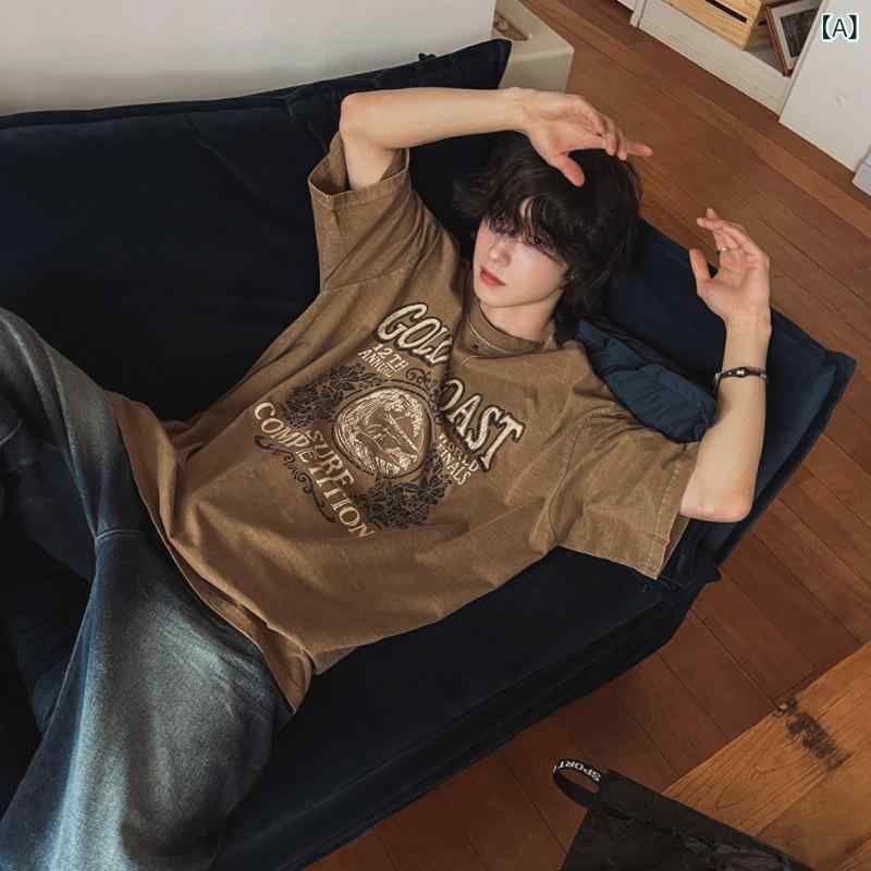 Tシャツ メンズ レトロ ヴィンテージ ウォッシュ加工 プリント 半袖 ルーズフィット クルーネック 丸首 韓国系 ストリート ファッション 綿 コットン 夏物 通勤 普段使い カジュアル コーヒーブラウン|Grams店