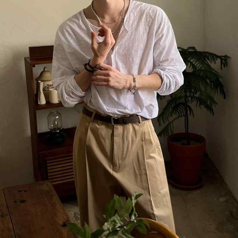 Tシャツ メンズ ヘンリーネック ゆったり ルーズフィット 長袖 ドロップショルダー スラブコットン 綿 無地 秋 トップス カットソー カジュアル 韓国ファッション オールドマネー風 きれいめ 上品|Grams店