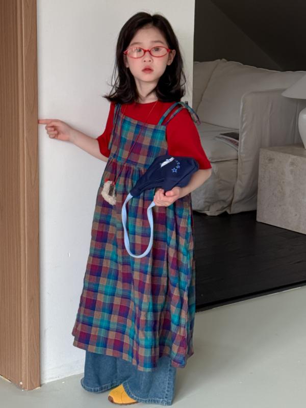 ワンピース 女の子 キッズ 子供 韓国風 カジュアル カラフル チェック柄 格子柄 ゆったり ルーズフィット フレア ロング丈 マキシ丈 キャミソールワンピース サロペット ジャンパースカート 綿 コットン 柔らかな肌触り かわいい