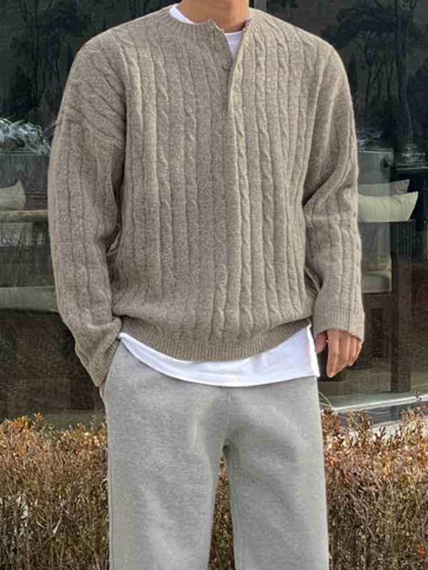 セーター メンズ 男性用 ケーブル編み ヘンリーネック ニット 秋冬 ゆったり ルーズ オーバーサイズ 韓国ファッション 高級感 カジュアル 普段着 カーキ ブルー アクリル素材